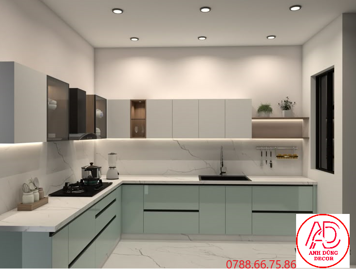 Tủ bếp chữ L gỗ MDF hiện đại tại Dĩ An Thi công tủ bếp tại nhà Dĩ An