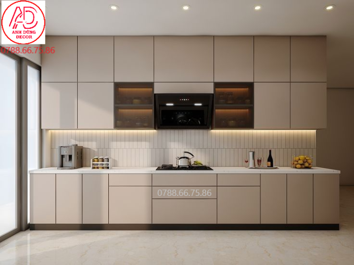 Tủ bếp gỗ MDF chống ẩm màu trắng hiện đại tại Quận Thủ Đức – Anh Dũng Decor