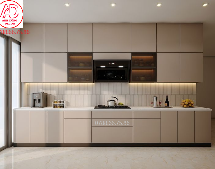 Tủ bếp gỗ MDF chống ẩm màu trắng hiện đại tại Quận Thủ Đức – Anh Dũng Decor