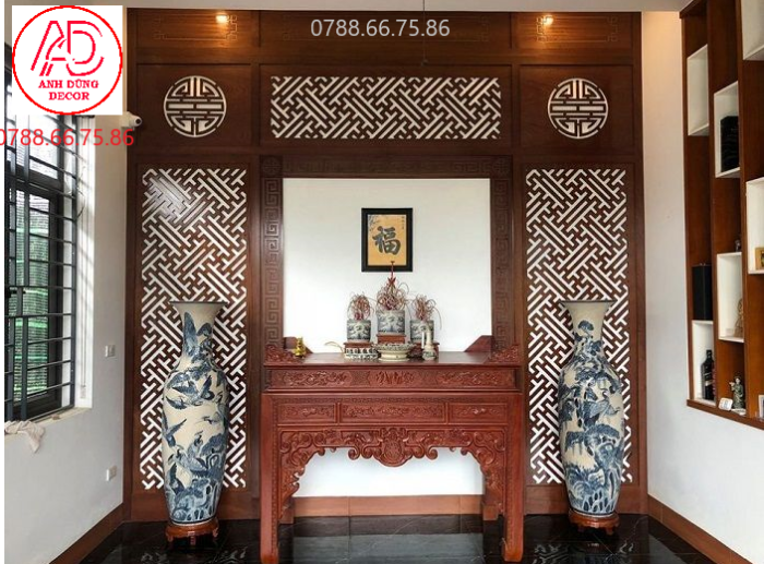 Vách ngăn phòng thờ CNC gỗ MDF tại Dĩ An – thiết kế bởi Anh Dũng Decor