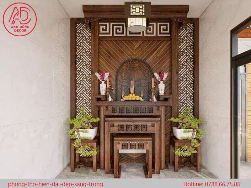 Phòng thờ thiết kế hiện đại với nội thất sang trọng, kết hợp ánh sáng vàng tạo không gian ấm cúng và thanh tịnh.