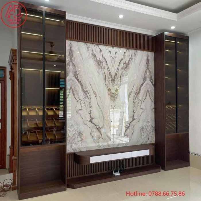 Tủ kệ tivi gỗ tích hợp kệ trang trí phù hợp nhà có không gian rộng