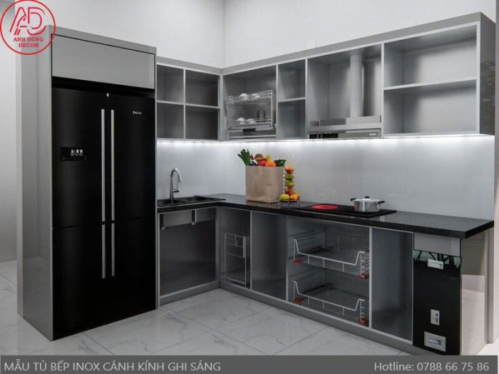 thi công tủ bếp cánh kính màu ghi sáng
